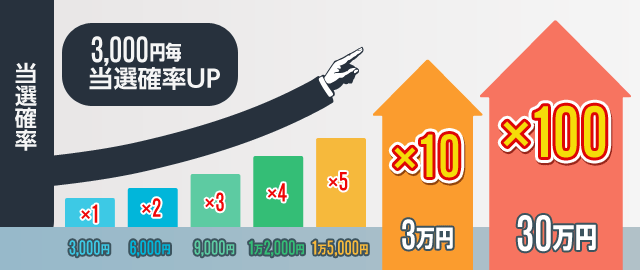 応募口数＿当選確率／3,000円＿×1口／6,000円＿×2口／9,000円＿×3口／1万2,000円＿×4口／1万5,000円＿×5口／…／3万円＿×10口／…／30万円＿×100口　3,000円毎に応募口数が増えます。