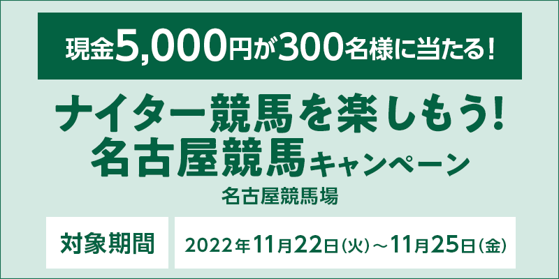 ナイター競馬を楽しもう！名古屋競馬キャンペーン　対象期間　2022年11月22日（火）〜11月25日（金）　現金5,000円が300名様に当たる！　対象場　名古屋競馬場