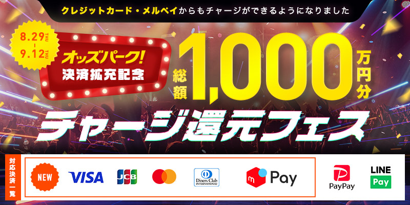 【オッズパーク決済拡充記念】総額1,000万円分チャージ還元フェス　対象期間　2024年8月29日（木）～9月12日（木）