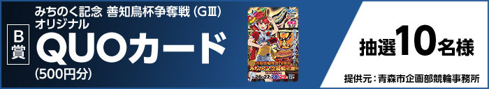 【B賞】 みちのく記念 善知鳥杯争奪戦（GIII）オリジナルQUOカード（500円分） 抽選10名様 提供元：青森市企画部競輪事務所