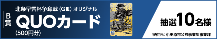 【B賞】北条早雲杯争奪戦（GIII）オリジナルQUOカード（500円分） 抽選10名様 提供元：小田原市公営事業部事業課