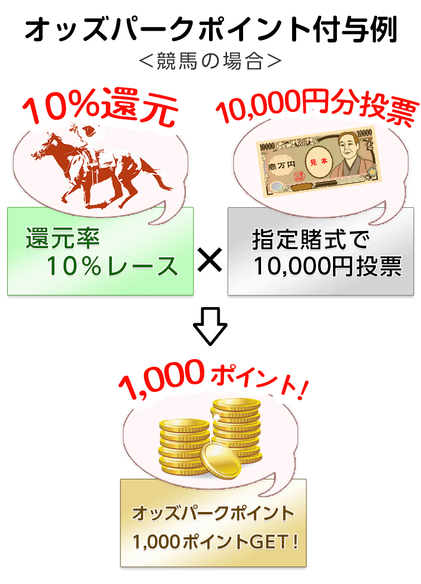 オッズパークポイント付与例 競馬（還元率10％レース）×指定賭式で10,000円投票＝オッズパークポイント1,000ポイントGET