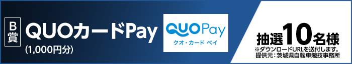 B賞 QUOカードPay（1,000円分） 抽選10名様 提供元：茨城県自転車競技事務所 ※ダウンロードURLを送付します。