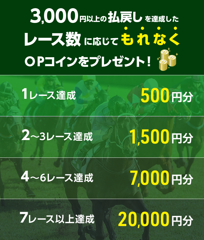 3,000円以上の払戻しを達成したレース数に応じてもれなくOPコインをプレゼント! 1レース達成 OPコイン500円分 2~3レース達成 OPコイン1,500円分 4~6レース達成 OPコイン7,000円分 7レース以上達成 OPコイン20,000円分