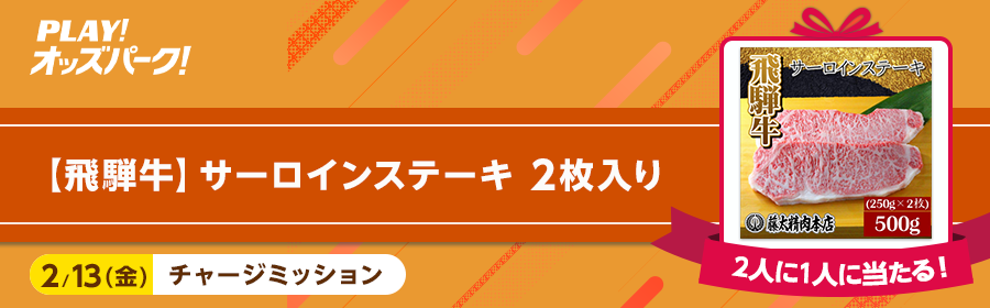 【飛騨牛  サーロインステーキ 2枚入り】 2人に1人に当たる！2月13日（金）のチャージミッション